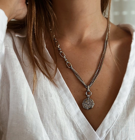 ★人気★ 【SHOVEOFF】 Silver Coin Chain Necklace Antique Silver Pendant Coin Long Chain Necklace, Silver