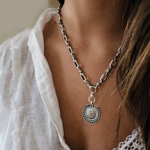 Silver Chunky Coin Necklace, Silver Statement Necklace, Ancient Coin Necklace, Chunky Silver Necklace, Chunky Necklace for Women