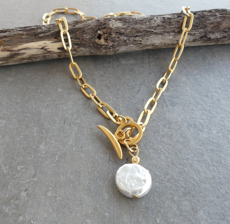 Gold Choker Necklace for woman T-Bar Gold Choker Natural Pearl Necklace Gold Link Chain Choker Gold choker Freshwater Pearl necklace