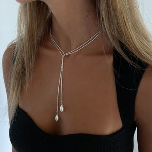 Sterling Silver Lariat Drop  Pearl Necklace, Dainty Silver Y Necklace, Lariat Silver Teardrop Necklace, Silver  Chain Pearl Lariat Necklace.