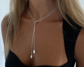 Sterling Silver Lariat Drop  Pearl Necklace, Dainty Silver Y Necklace, Lariat Silver Teardrop Necklace, Silver  Chain Pearl Lariat Necklace.