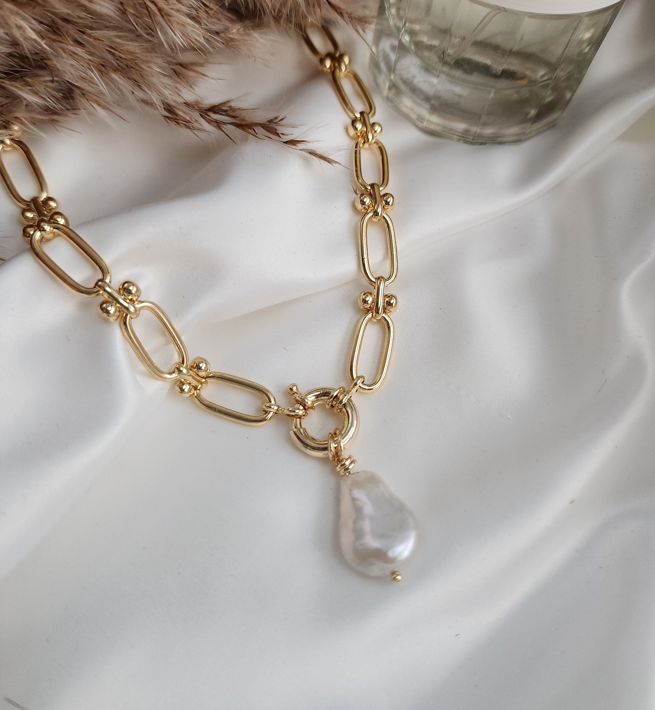 Gold Chunky Pearl Pendant Big Industrial Cable Link Large Oversized Statement Womens Jewellery Hip Hop Punk Formal Big Necklace