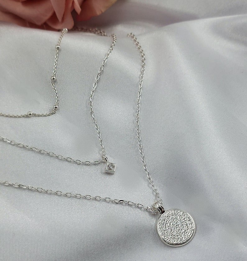 Silver Layered Necklace Set, Dainty Layered Silver Necklace, Layered Coin Necklace Silver, Silver Coin Necklace, Silver Necklace Layered zdjęcie 6