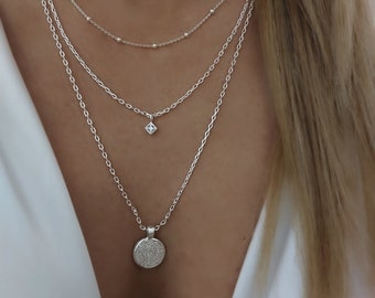 Zilveren gelaagde ketting set, sierlijke gelaagde zilveren ketting, gelaagde munt ketting zilver, zilveren munt ketting, zilveren ketting gelaagd