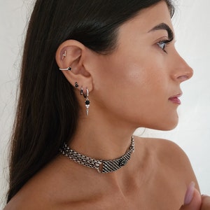 Sterling Silver Hoop earrings Stacking, Stacking Earrings, Earrings Set for Women, Dangle Hoop Earrings Stack, Black Zircon Hoop Earrings. image 2