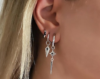 Sterling Silver Hoop earrings Stacking, Stacking Earrings, Hoop Earrings Set for Women, Dangle Hoop Earrings Stack, Star Hoop Earrings