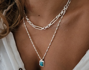 Collier ras de cou chaîne à maillons en argent, collier chaîne à maillons rectangle, tour de cou tendance en argent, grosse chaîne en argent, tour de cou épais en argent.