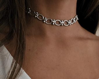 Ras de cou épais en argent, gros collier en argent, collier tendance, collier ras de cou chaîne à maillons ovales, tour de cou tendance en argent, Goft pour elle.