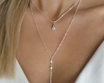 Sterling Silver Layered Necklace Set, Dainty Silver Y Necklace, Delicate Silver Necklace Set, Silver Layered Lariat Necklace Set.