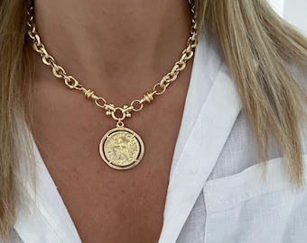 Gold Chunky Medallion Choker, Greek Coin Necklace, Chunky Chain Choker, Mythology Medallion Jewel, Chunky Gold Coin Necklace