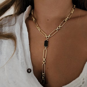Gold Lariat Necklace, Gold Chunky lariat Necklace, Y Gold Necklaces, Lariat Link Chain Necklace, Lariat Statement Necklace, Chunky Lariat.