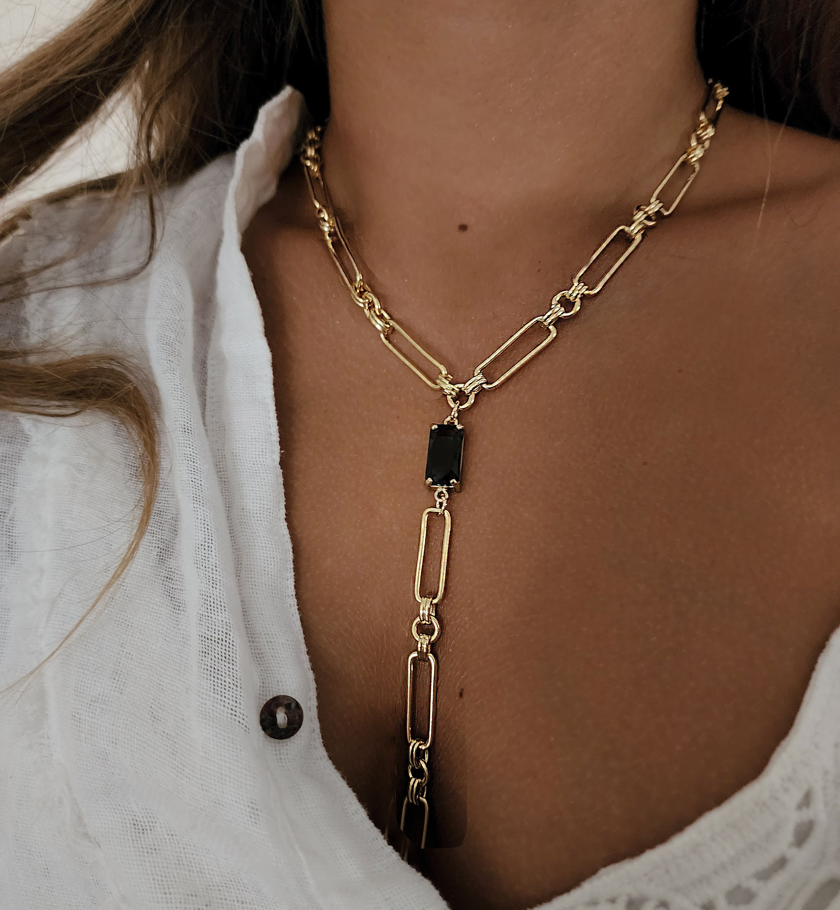 Gold Chunky Link Lariat Necklace, Green Zircon Pendant - Etsy
