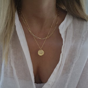Gold Hammered Coin Necklace, Coin Pendant Necklace, Textured Coin Necklace, Layered Necklace Set, Gold Paperclip Necklace, Hammered Disc image 4