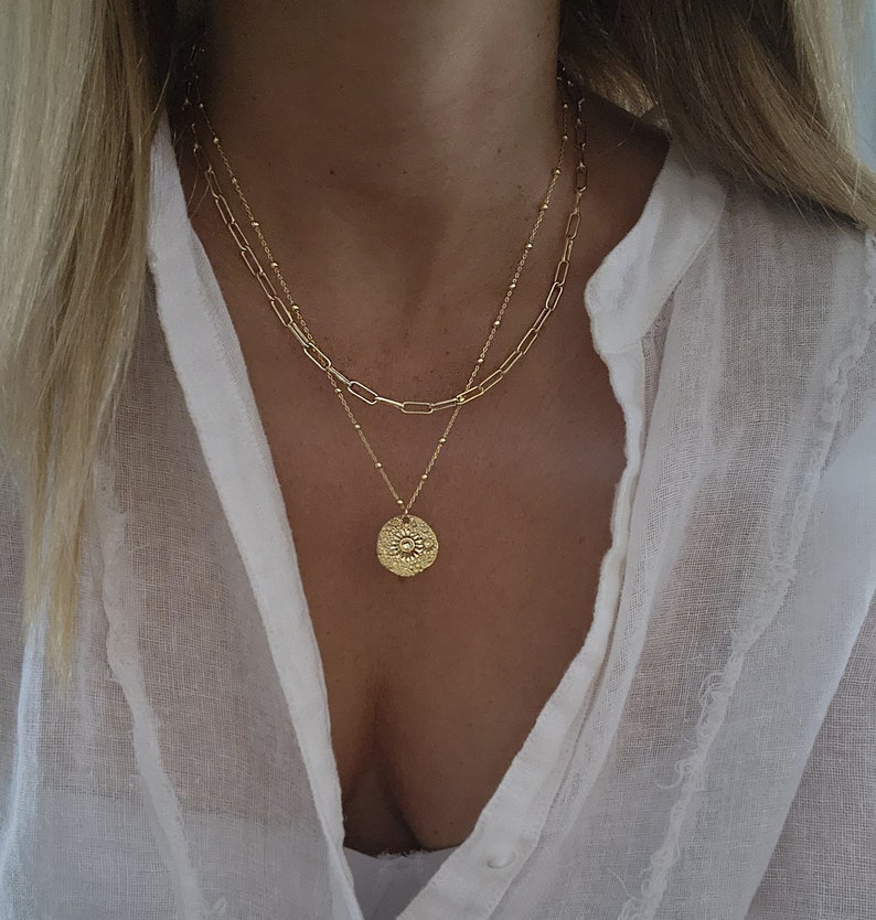 Gold Hammered Coin Necklace, Coin Pendant Necklace, Textured Coin Necklace, Layered Necklace Set, Gold Paperclip Necklace, Hammered Disc image 4