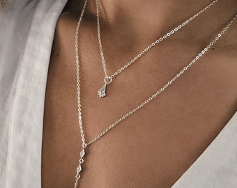 Sterling Silver Lariat Necklace, Dainty Silver Y Necklace, Delicate Silver Necklac, Silver Layered Lariat Necklace, Layered Lariat Necklace.