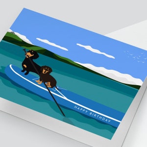 Dachshund Paddleboard Birthday Card, Sausage Dog Card, Cute Card, SUP card, Happy Birthday Card, Paddle Boarding Gift