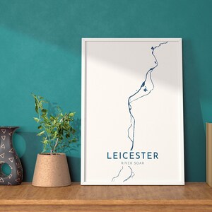 Mapa artístico de Leicester: Mapa del río Soar, Mapa de Leicester, Reino Unido, Impresión de viajes de Leicester, Río Soar, Mapa de la ciudad del Reino Unido, Impresión artística de Leicestershire