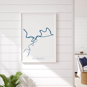 Impresión de Weybridge: río Támesis, río Wye, póster del mapa de Weybridge, arte del río Támesis, mapa del río Támesis, isla de Desborough, Surrey, Shepperton