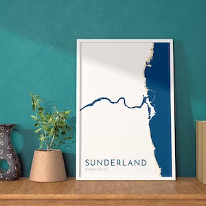 Sunderland Karte Kunst - Fluss Tyne Karte, Stadtplan Sunderland, Nordost-England, Tyne and Wear Karte, Nautische Dekoration, Stadtplan Kunst, UK Städte