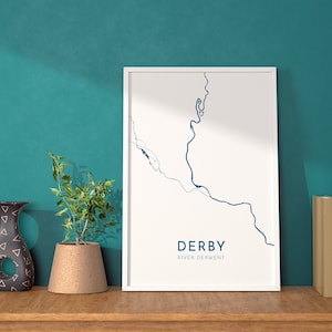 Mapa artístico de Derby: mapa del río Derwent, arte urbano de Derby, mapa de Derbyshire, mapa de Derby (Reino Unido), decoración náutica, arte urbano, ciudades del Reino Unido