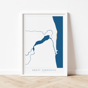 Mapa de Great Yarmouth - Impresión artística de Great Yarmouth, arte de Norfolk, impresión de la playa de Great Yarmouth, mapa del río Yare, Reino Unido, mapa de Norfolk, mapa fluvial de Breydon