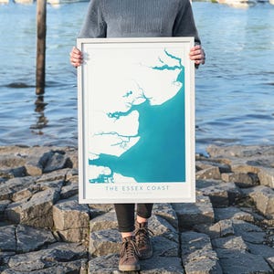 Wydruk z linią brzegową Essex – sztuka mapy Essex, wydruk Essex, wydruk nadmorski, plakat nadmorski, wybrzeże Essex, Colchester, Maldon, wydruk rzeki Tamizy, Wielka Brytania