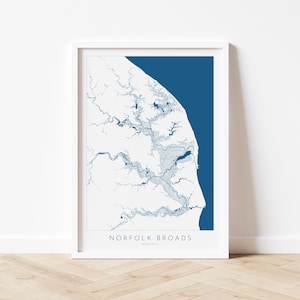 Norfolk Broads-kaartkunst - Norfolk Broads-print, kaart van Norfolk, Norfolk VK, kaartkunst, rivierkunst, kust van Norfolk, stranden van Norfolk, Great Yarmouth