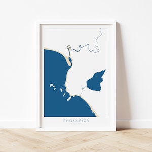Art de carte de Rhosneigr - carte d'Anglesey, carte de Rhosneigr, plage de Rhosneigr, côte d'Anglesey, art de carte du Pays de Galles, carte d'Anglesey du Pays de Galles