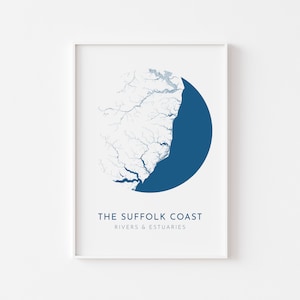Suffolk Coast Map Art - Suffolk Karte, Suffolk Coast Art, Suffolk Flüsse, UK Flusskarte