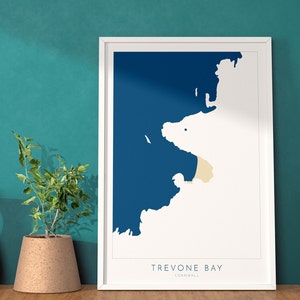 Carte de Trevone Bay - Art des Cornouailles de Trevone Bay, carte des Cornouailles, carte de la côte des Cornouailles, côte nord des Cornouailles, impression de plage des Cornouailles