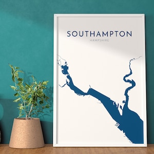 Mapa artístico de Southampton: Mapa de aguas de Southampton, Mapa de ríos de Southampton (Reino Unido), Impresión de viajes de Southampton, Mapa de Hampshire, Mapa de ciudades del Reino Unido
