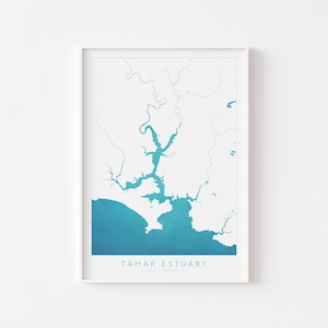 A gravura do estuário de Tamar, arte de Devon, arte de Plymouth, arte de mapa, arte de Cornwall, arte do rio Tamar