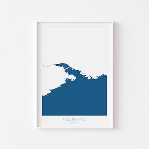 Impressão de mapa Polperro - Arte Polperro, Mapa de Cornwall, Praia Polperro, Rio Pol, Cornwall do Sul, Impressão da Costa da Cornualha, Decoração de casa náutica