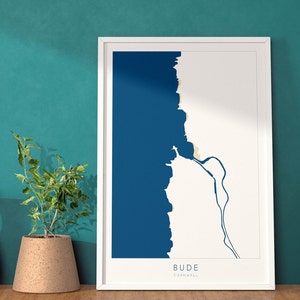 Art de carte de Bude - carte des Cornouailles, impression d'art de Bude, art de la plage de Bude, carte de la côte des Cornouailles, art côtier des Cornouailles, plage de Summerleaze, rivière Neet, Strat