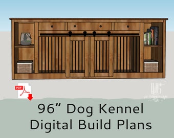 96” DIY Build Plans for Single or Double Dog Kennel with Storage and Sliding Door - Dog Crate Furniture - Dog Kennel Furniture