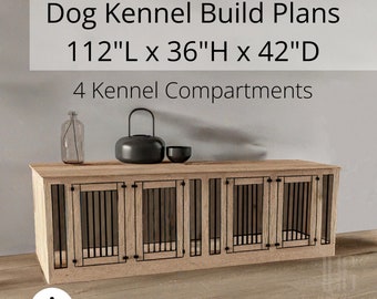 May include: A wooden dog kennel with four compartments, measuring 112 inches long, 36 inches high, and 42 inches deep. The kennel has a natural wood finish and black metal bars.
