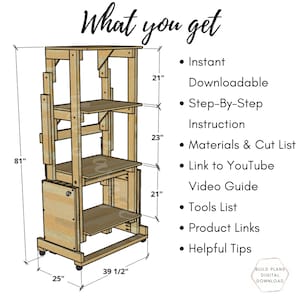 May include: Diagram of a wooden standing desk with dimensions labeled in inches. The desk is 81 inches tall, 39 1/2 inches wide, and 25 inches deep. The desk has three shelves and a pull-out keyboard tray. The text "What you get" is at the top of the image, followed by a list of downloadable digital plans, including step-by-step instructions, materials and cut list, a link to a YouTube video guide, a tools list, product links, and helpful tips.