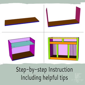 May include: Step-by-step instructions for building a wooden dog bed with a removable top. The instructions include helpful tips and are illustrated with diagrams showing the different stages of construction.