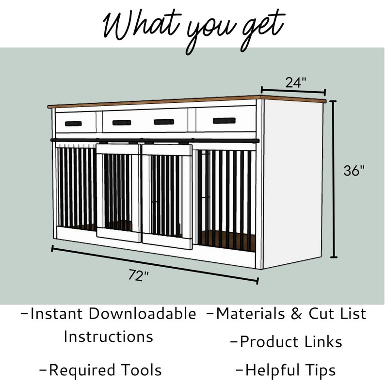 May include: White dog crate with two doors and a top shelf with three drawers. The crate is 72 inches wide, 24 inches deep, and 36 inches tall.  The image includes the text "What you get" and a list of downloadable items: Instant Downloadable, Materials & Cut List, Instructions, Required Tools, Product Links, and Helpful Tips.