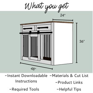 May include: White wooden dog crate with two drawers and a sliding door. The crate measures 48 inches wide, 24 inches deep, and 36 inches tall. The image includes the text "What you get" and lists the digital download contents: instant downloadable materials and cut list, instructions, required tools, product links, and helpful tips.