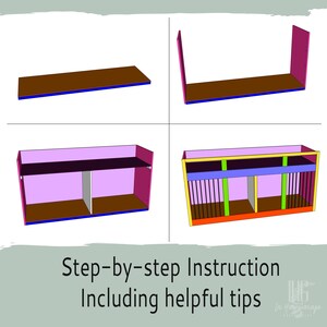 May include: Step-by-step instructions for building a dog kennel, including helpful tips. The image shows four stages of construction, starting with the base and ending with the finished product. The kennel is made of wood and has a pink, yellow, and blue color scheme.