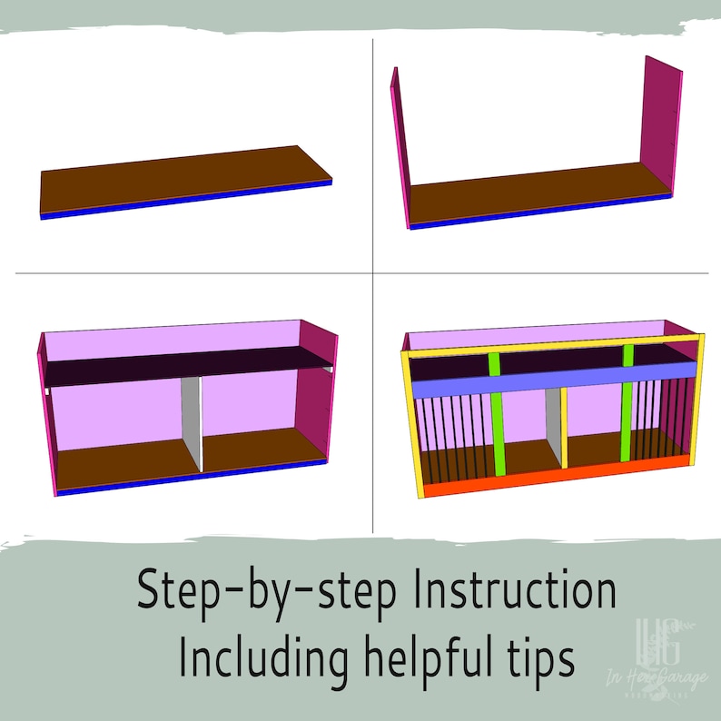 May include: Step-by-step instructions for building a dog kennel, including helpful tips. The image shows four stages of construction, starting with the base and ending with the finished product. The kennel is made of wood and has a pink, yellow, and blue color scheme.