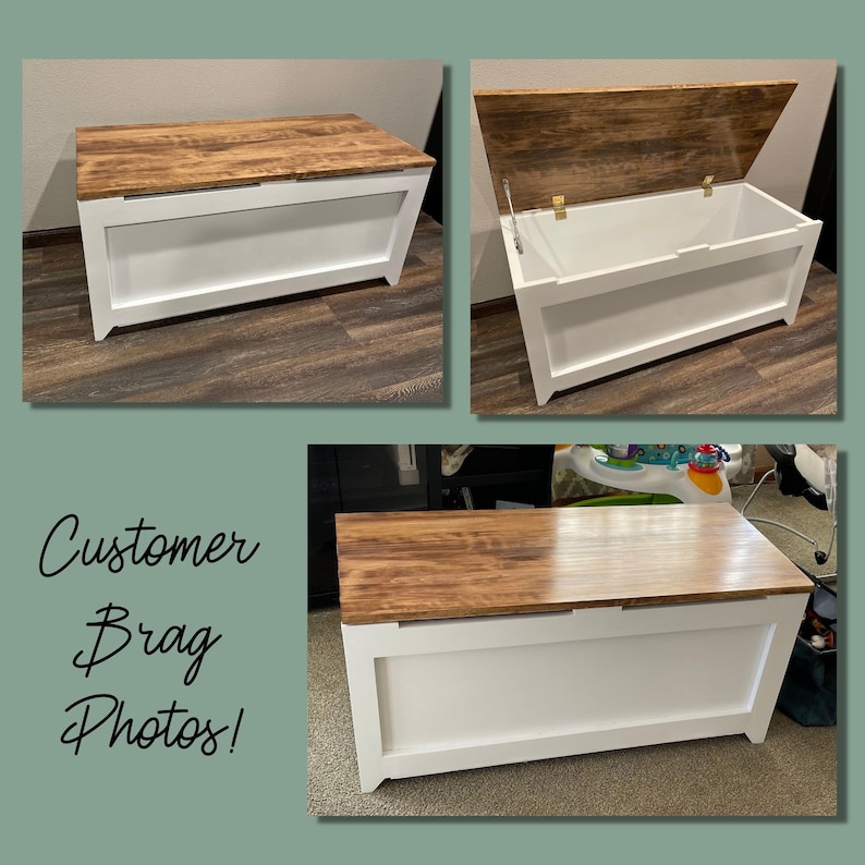 May include: A white wooden storage bench with a brown wood top. The lid is open to reveal the empty storage space inside. The bench is sitting on a wood floor.