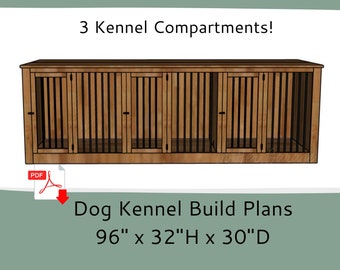 May include: A wooden dog kennel with three compartments. The kennel is 96 inches long, 32 inches high, and 30 inches deep. The kennel is made of wood and has a brown finish. The kennel has a metal grate door on each compartment. The kennel is designed to house multiple dogs.
