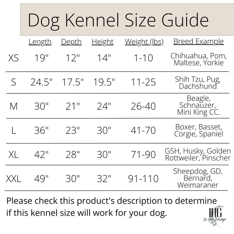 May include: A chart showing dog kennel sizes with corresponding weight ranges and breed examples. The chart includes kennel sizes from XS to XXL, with measurements in inches and weight ranges in pounds. The chart also includes breed examples for each size, such as Chihuahua, Shih Tzu, Beagle, Boxer, and Golden Retriever.