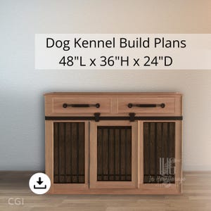 May include: A wooden dog kennel with two doors and two drawers. The kennel is 48 inches long, 36 inches high, and 24 inches deep. The doors have black metal bars and the drawers have black metal handles. The kennel is on a wooden floor.