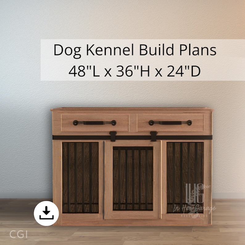 May include: A wooden dog kennel with two doors and two drawers. The kennel is 48 inches long, 36 inches high, and 24 inches deep. The doors have black metal bars and the drawers have black metal handles. The kennel is on a wooden floor.