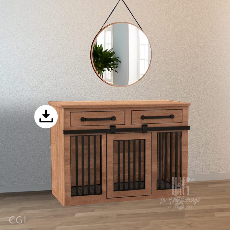 May include: A wooden dog crate with two drawers and a sliding door. The crate is brown with black metal accents. The crate is in front of a white wall with a round mirror hanging above it.