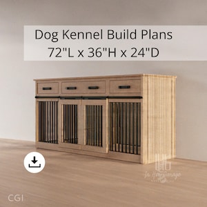 May include: A wooden dog kennel with three drawers and two doors. The kennel is 72 inches long, 36 inches high, and 24 inches deep. The kennel is made of wood and has a light brown finish. The doors have black metal grates. The kennel is sitting on a wooden floor.
