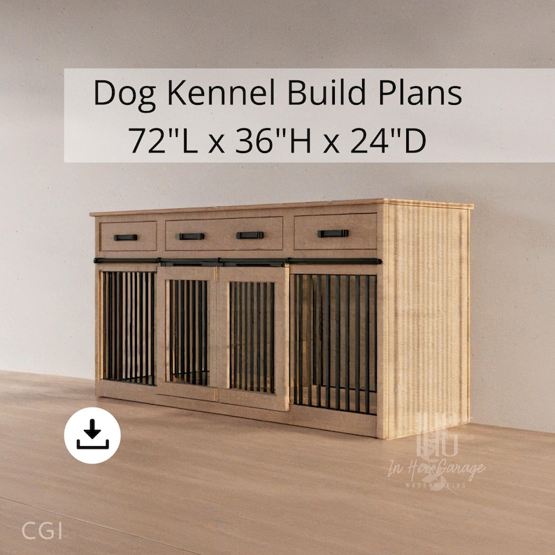 May include: A wooden dog kennel with three drawers and two doors. The kennel is 72 inches long, 36 inches high, and 24 inches deep. The kennel is made of wood and has a light brown finish. The doors have black metal grates. The kennel is sitting on a wooden floor.